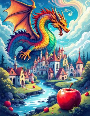 Primary subject: A dragon with a red and green body, wings, and a long tail, standing over a city with a castle and a river.

Setting/background: The dragon is standing over a city with a castle and a river. The city is filled with buildings, and there are trees in the background.

Visual style: The image is a digital art illustration.

Colors and mood: The dragon has a red and green body, and the overall atmosphere is fantastical and imaginative.
